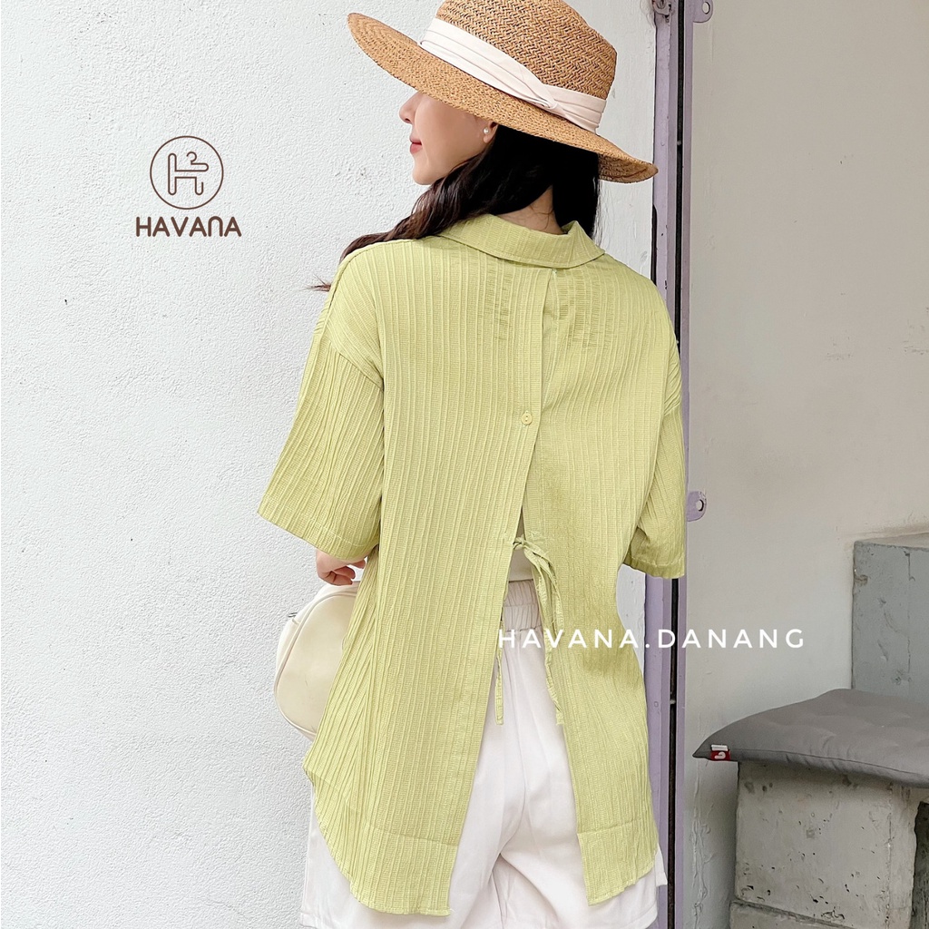 Áo sơ mi xốp ngắn tay, sơ mi gân sọc có dây buộc nơ lưng freesize form rộng AE190