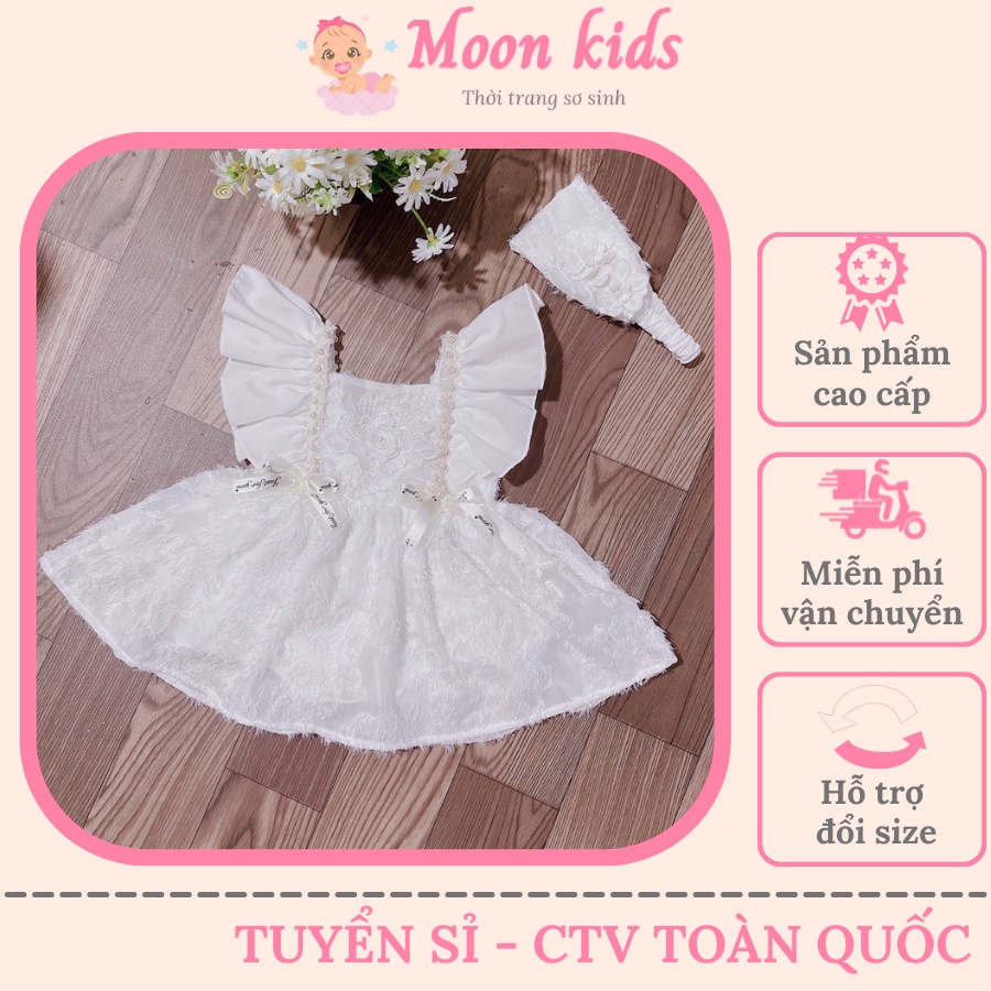 Váy Công Chúa Cho Bé Sơ Sinh Kèm Phụ Kiện, Váy Tết Bé Gái Thiết Kế, Đầm Đầy Tháng, Đầm Em Bé Màu Trắng