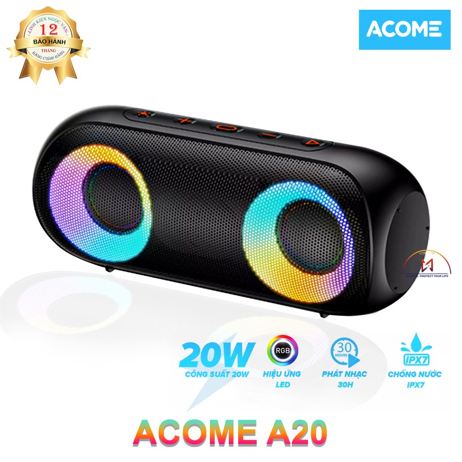 ACOME A20 Loa Bluetooth Công Suất 20W Hiệu Ứng LED RGB Chống Nước IPX7 30H Sử Dụng Liên Tục - Hàng Chính Hãng
