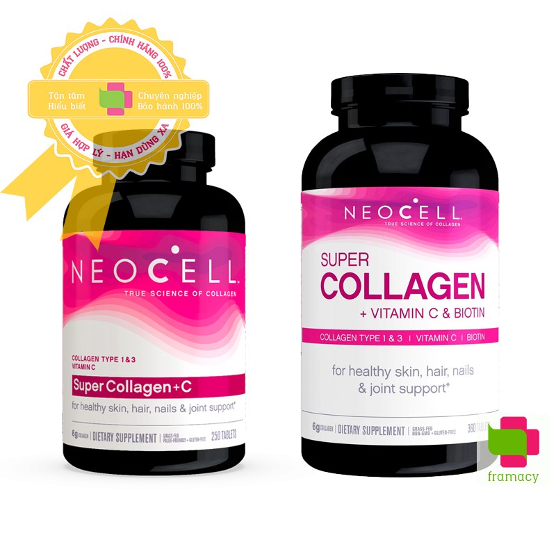 Viên uống NeoCell Super Collagen, Vitamin C w/o Biotin, Mỹ (250/360v) làm đẹp da, tóc, móng cho người lớn