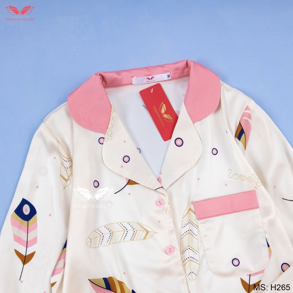 Bộ ngủ lụa cao cấp áo dài quần dài kiểu dáng Pijama họa tiết lông vũ từ VINGO H265 | BigBuy360 - bigbuy360.vn