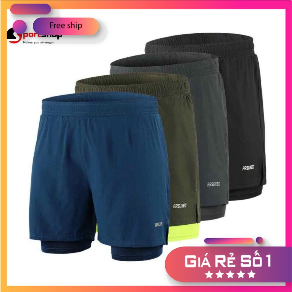 Quần Chạy Bộ Nam Arsuxeo 2 Lớp Dáng Đứng Basic, Dắt Áo Sau Lưng, Quần Đùi Short Thể Thao Chạy Bộ, Tập Gym...