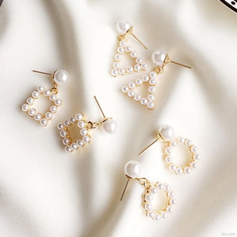 Bông tai hình vuông đính ngọc trai thanh lịch