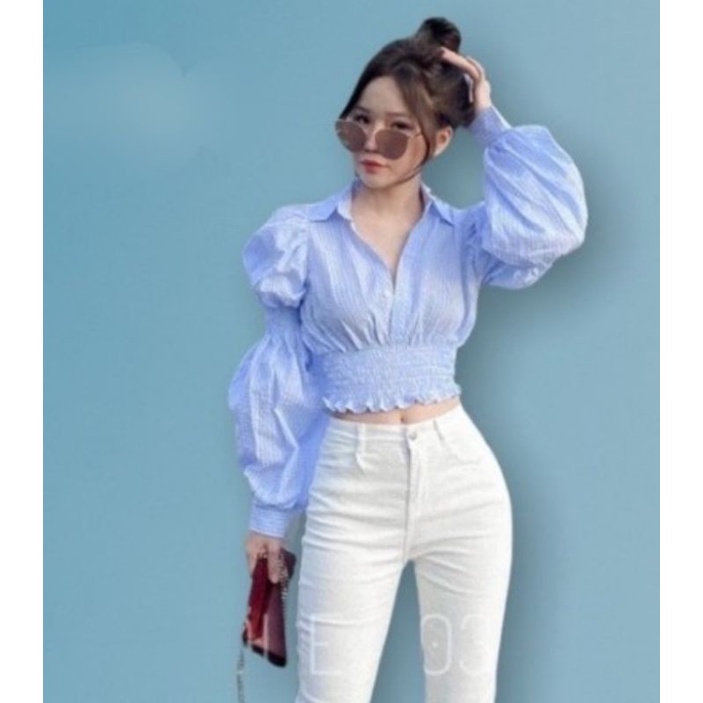 Áo sơ mi caro nhún eo Quảng Châu cổ V tay dài