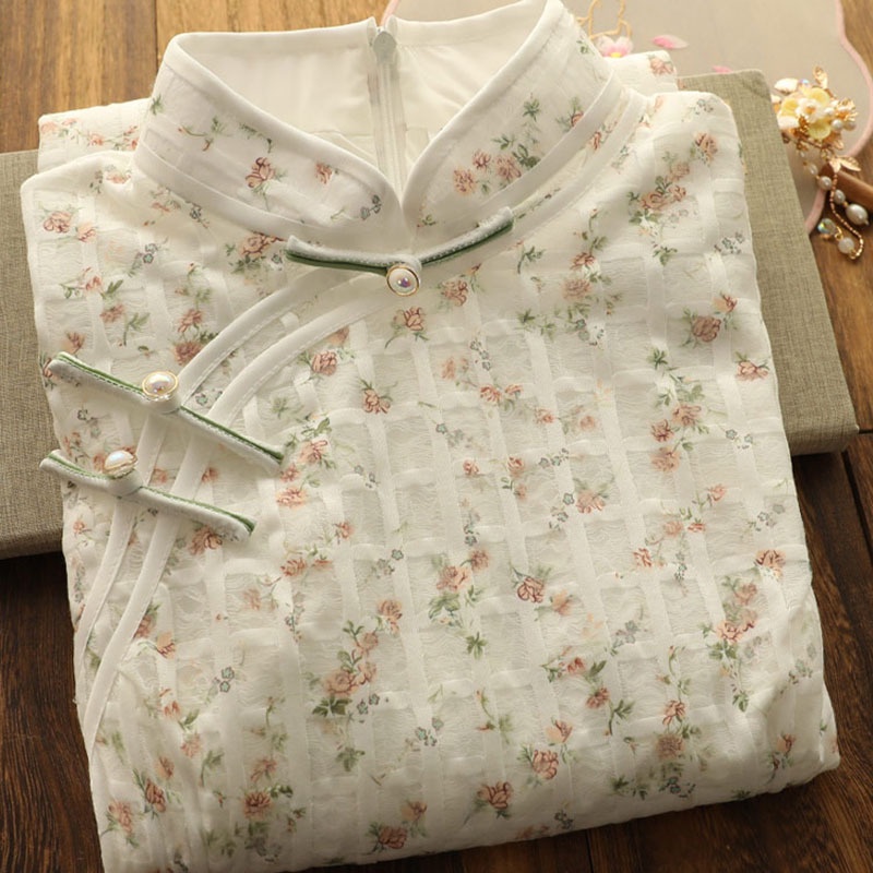 Đầm Sườn Xám Vải Voan Tay Ngắn Dáng Ôm In Hoa Phối Ren Kiểu Truyền Thống Trung Hoa Cỡ S-2XL Thời Trang Cho Bạn Gái