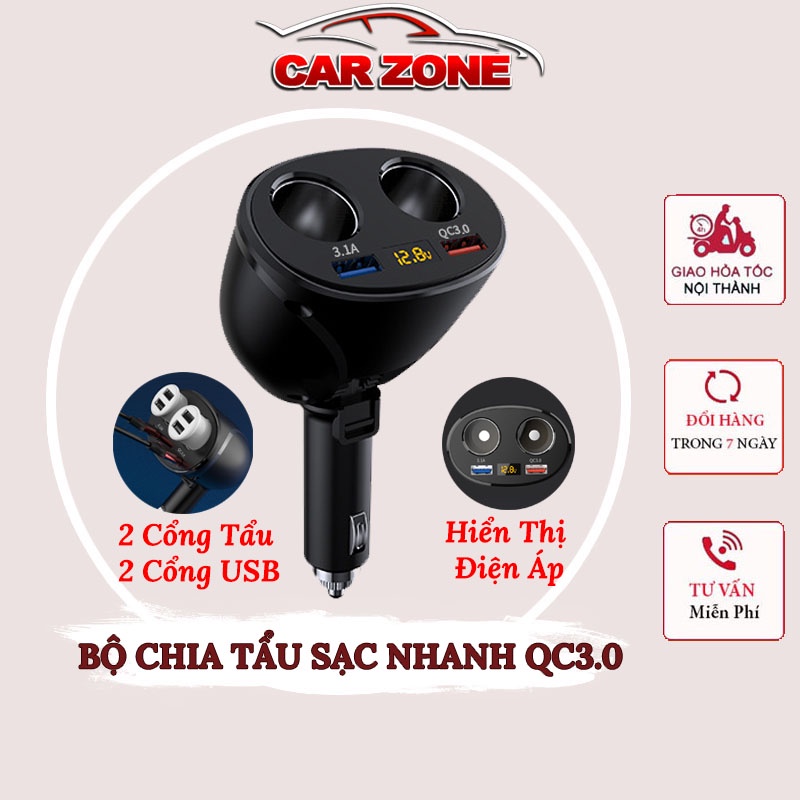 Bộ Chia Tẩu Sạc Oto Không Dây - Chia 2 Nguồn Tẩu 1 Cổng Sạc 3.1A Và 1 Cổng Sạc Nhanh QC3.0 VERSION 2