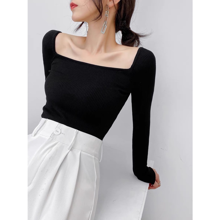 Áo Croptop Tay Dài Cổ Vuông Áo Thun Dài Tay Cổ Vuông