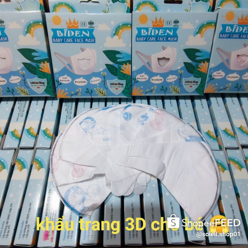 Khẩu trang 3d trẻ em, cho bé dưới 10 tuổi, quai mềm co giãn tốt, ôm sát mặt - Soleil shop