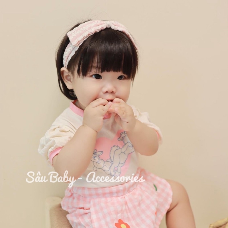 Băng đô turban vải đũi thêu hoa Hàn Quốc cao cấp cho bé