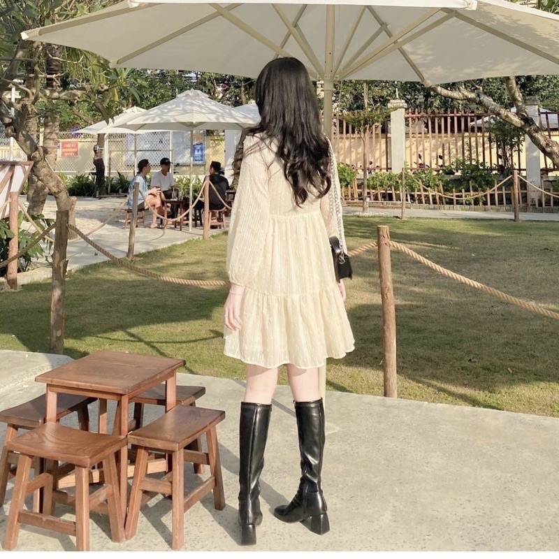 Đầm Ren Tay Dài Dáng Babydoll 2 Lớp Buộc Nơ Xinh, Váy Thu Đông Phong Cách Hàn Quốc