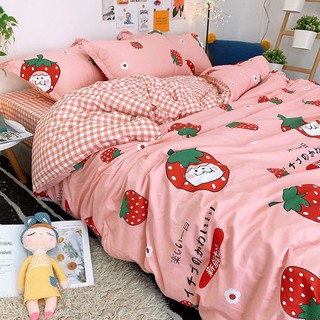 [RẺ VÔ ĐỊCH] Bộ chăn ga gối kẻ dâu tây 🍓cottong poly nhập khẩu