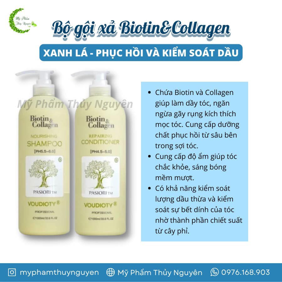 Bộ dầu gội xả Biotin &amp; Collagen Xanh Lá cho tóc dầu nhờn 1000ml (Mẫu mới)