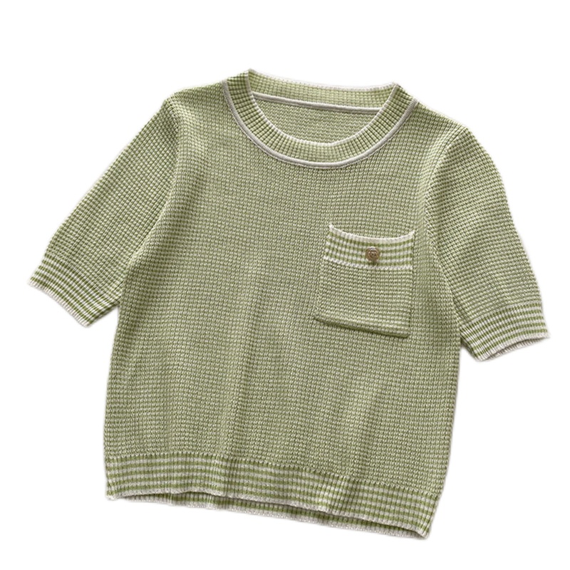 Áo Croptop Dệt Kim Mỏng Tay Ngắn Cổ Tròn Dáng Rộng Màu Trơn Phối Túi Họa Tiết Kẻ Sọc Màu Sắc Ngọt Ngào Thời Trang Cho Nữ