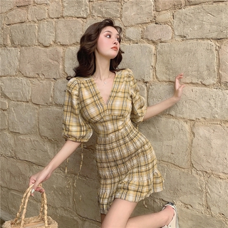 Đầm Họa Tiết Ca-Rô Tay Lửng Xinh Xắn Thời Trang Cho Nữ