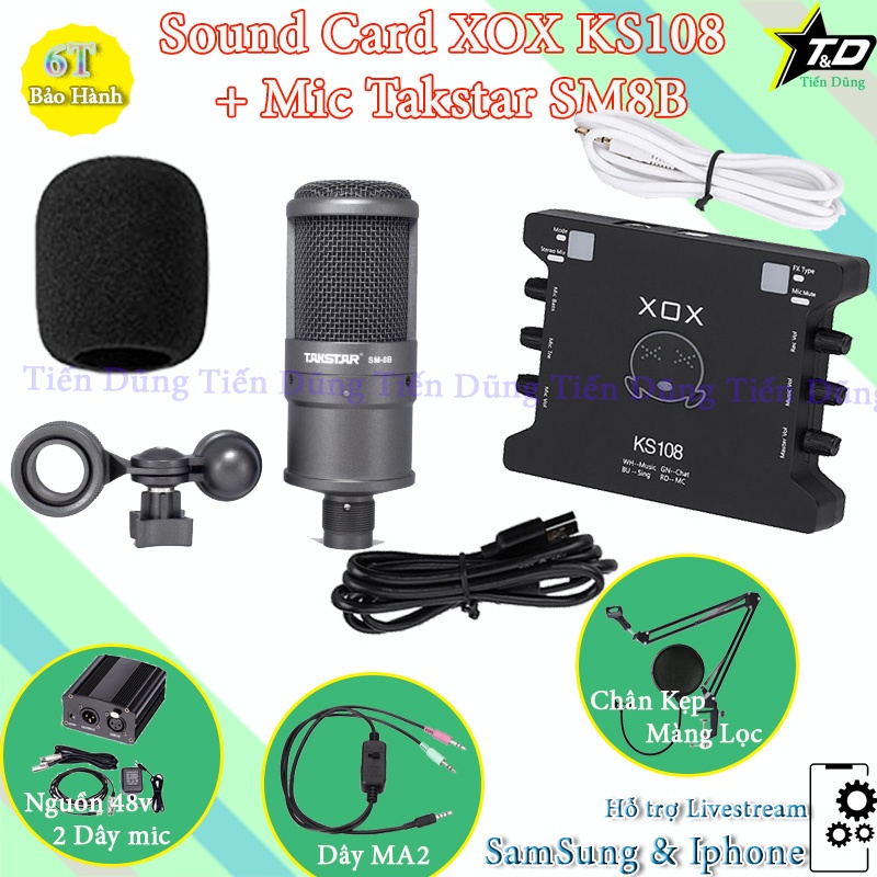 Bộ mic thu âm Taksar PC SM8B sound card XOX KS108 chân màng MA2 nguồn 48V 2 dây canon-  Bộ live stream sound card ks108