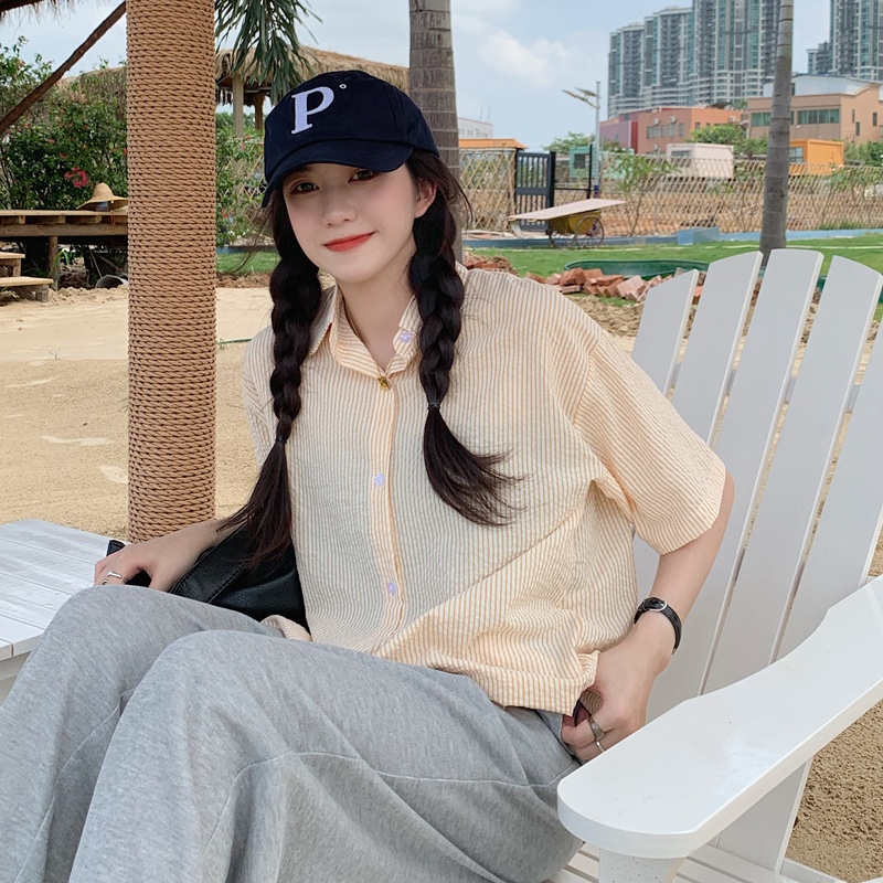 Áo sơ mi nữ tay ngắn kẻ sọc thời trang Hàn Quốc