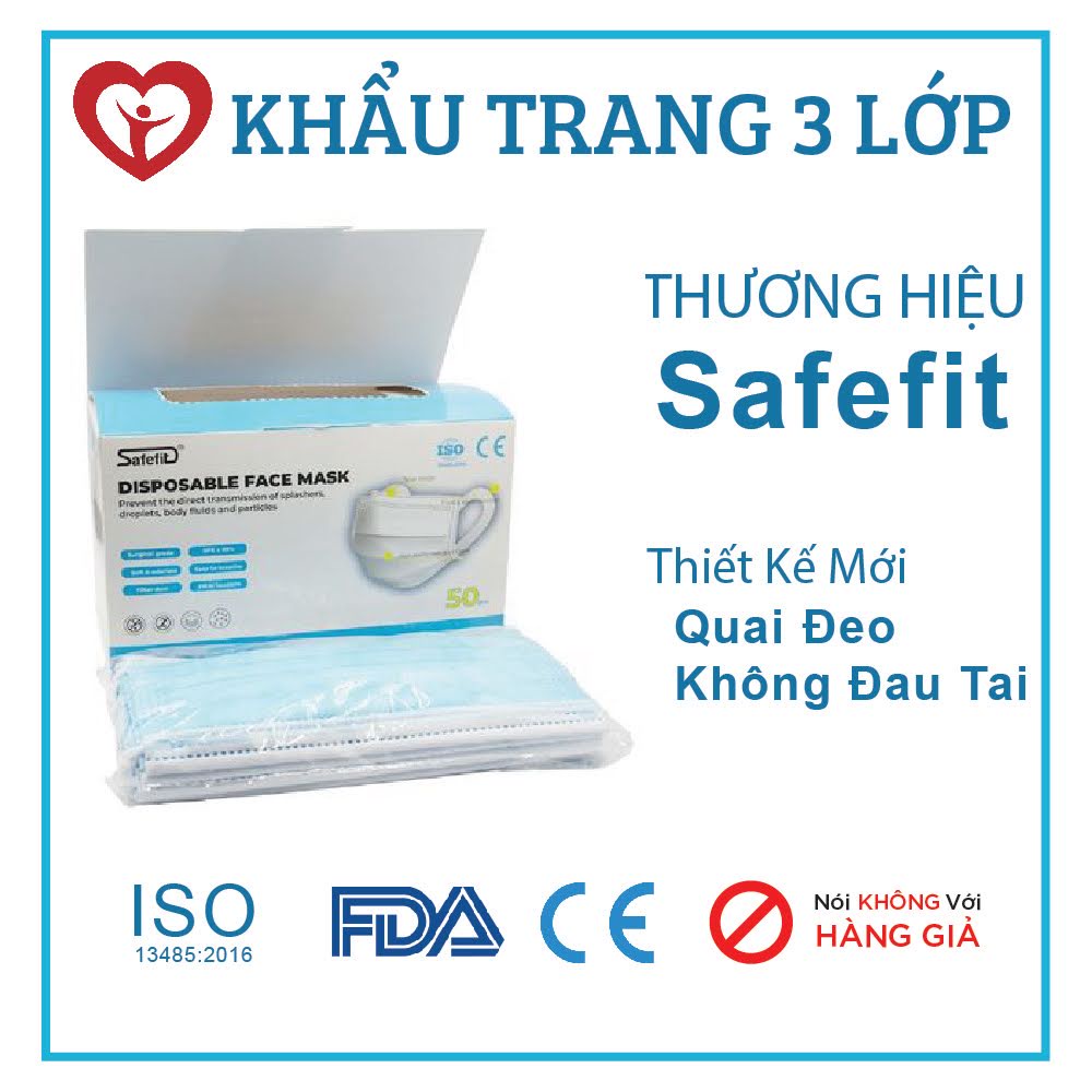 Khẩu Trang Y Tế 3 Lớp Thương Hiệu Safefit, Hộp 50 Chiếc