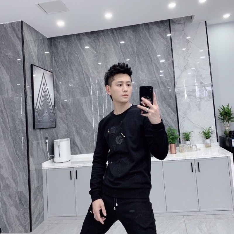 Đồ bộ nỉ nam thu đông dài tay thêu hoa BND03 chất nỉ thể thao cao cấp có bigsize