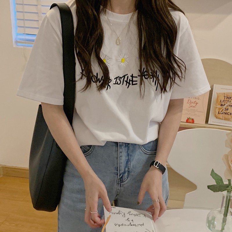 [Baywellfashion]Women Summer Crew Neck College Wind Short Sleeve Floral Daisy Print Loose T-Shirt | BigBuy360 - bigbuy360.vn