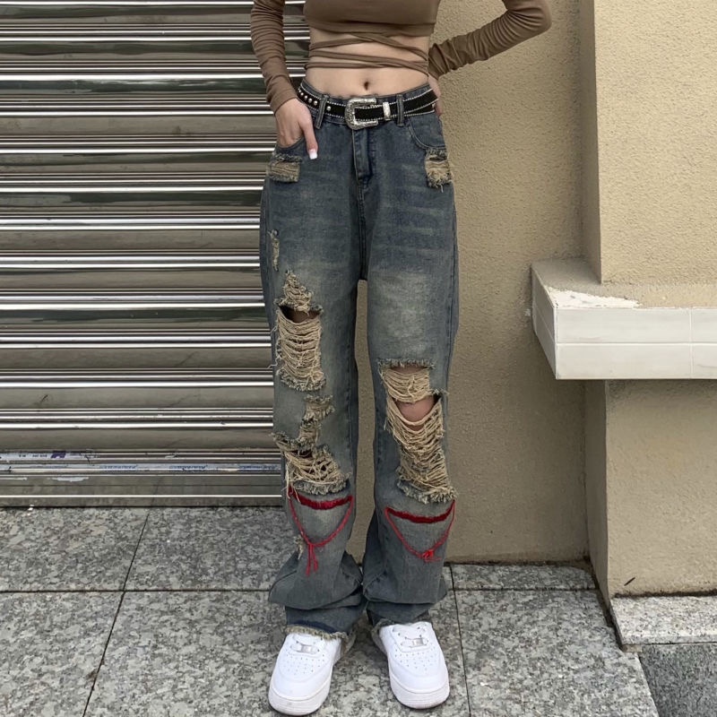 Quần jean ống rộng unisex rách phong cách đường phố