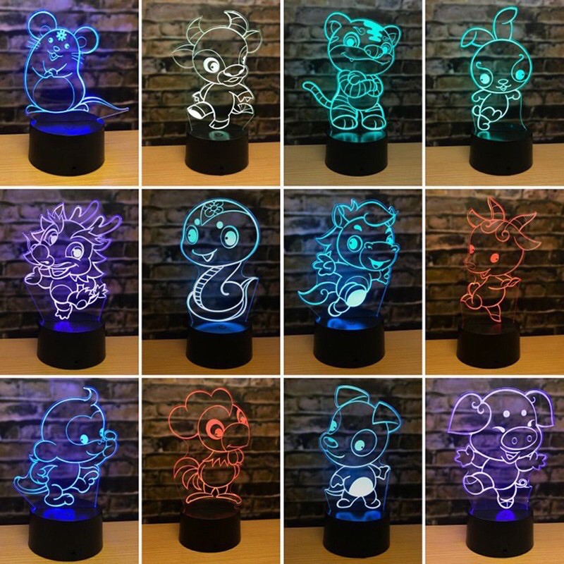 [Freeship] Đèn ngủ 3D 12 con giáp đổi màu