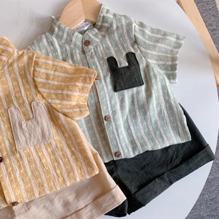 Set kẻ bé trai túi thỏ 2 màu (vàng - xanh)