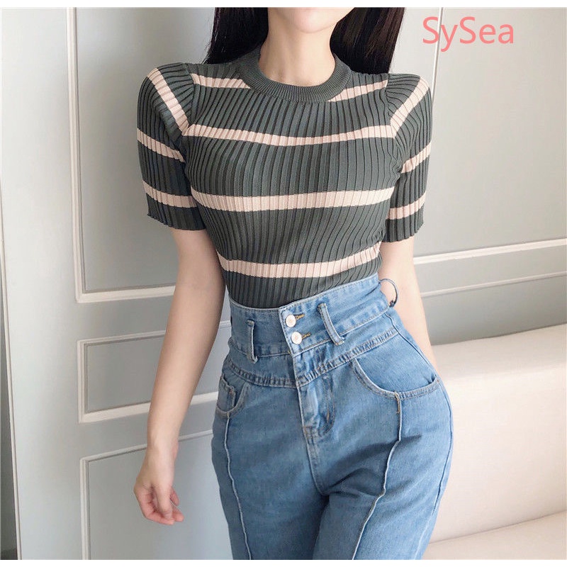 Áo Dệt Kim Hở Lưng Kẻ Sọc Thời Trang Mùa Hè Cho Nữ