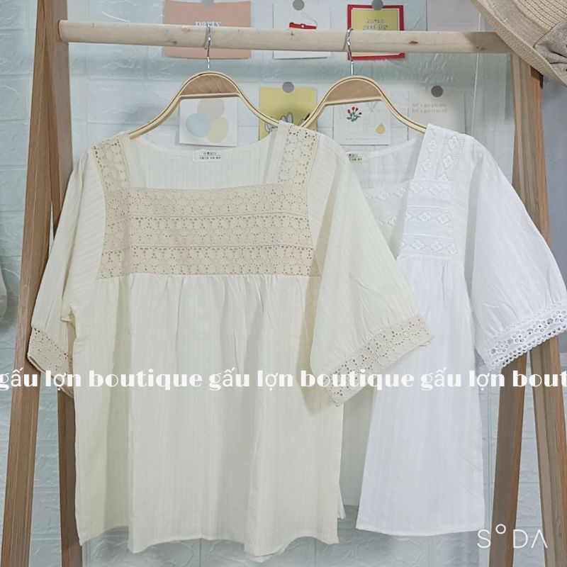 áo babydoll ren ngực cổ vuông cộc tay vintage ảnh thật