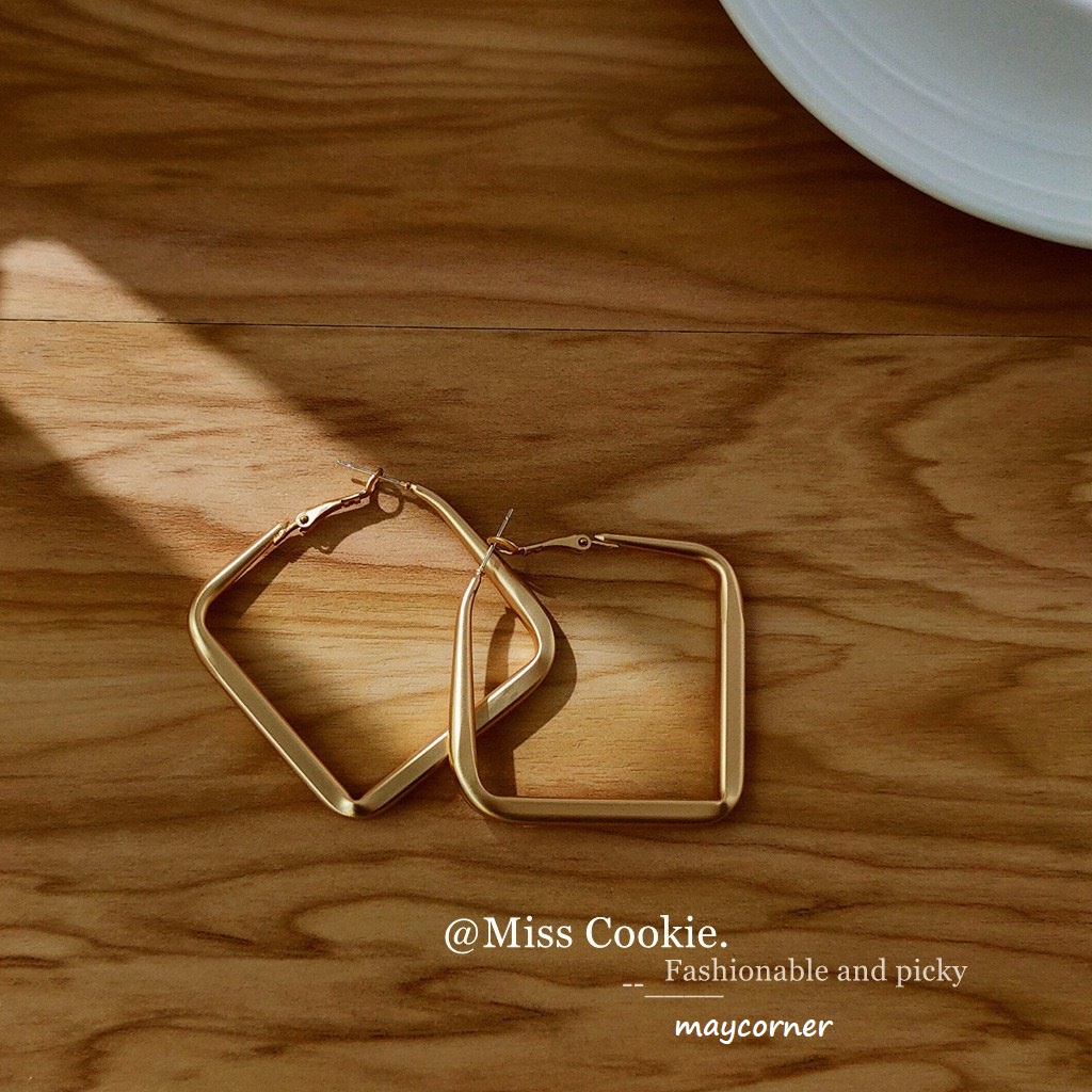 Khuyên tai hình học vuông vàng mạ bạc 925 cao cấp mã 1496