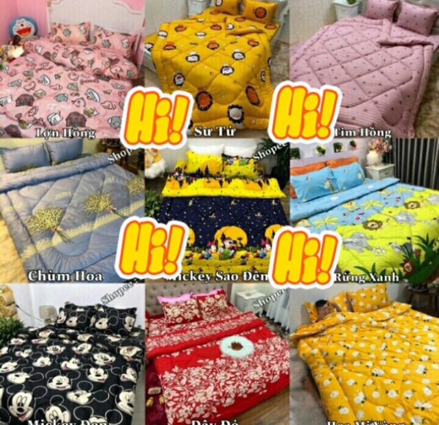 Trọn bộ 5 món ga gối chăn phao poly cotton có ruột bông dầy chuẩn hàng đẹp