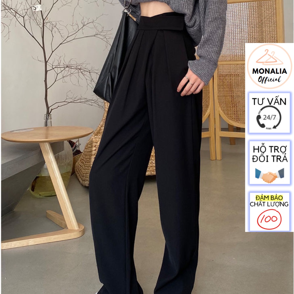 Quần ống rộng MONALIA lưng cạp cao ống suông vải nữ dài culottes xuông màu đen , nâu , xám
