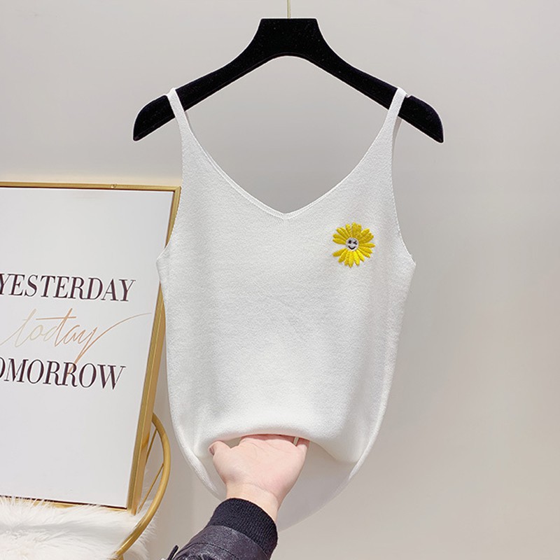 Women Casual Knitted Daisy Embroidery Cami Tops Summer Vest Sleeveless Basic Camisole | BigBuy360 - bigbuy360.vn
