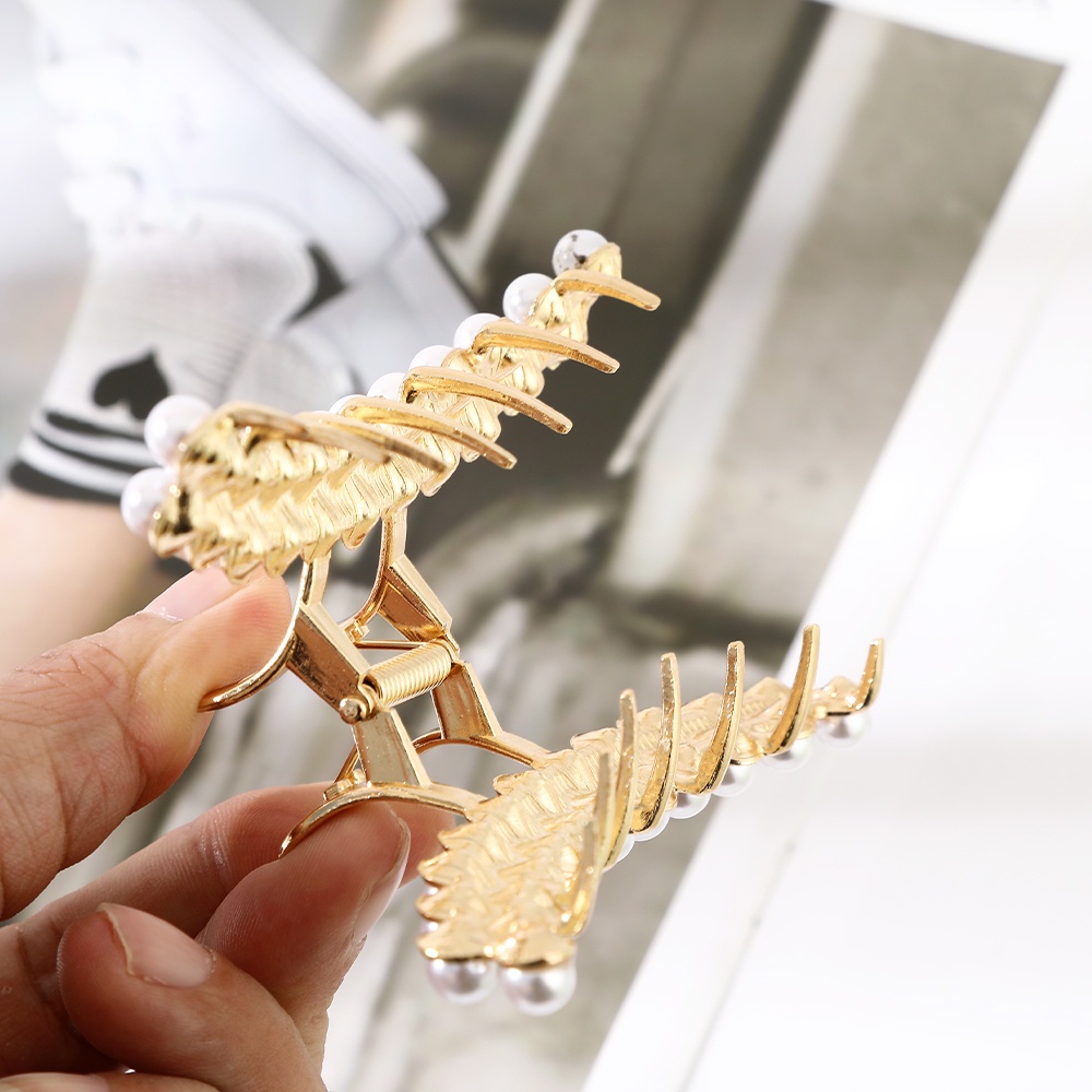 Haimeikang kẹp tóc kim loại lớn đính đá và ngọc trai nhân tạo thời trang