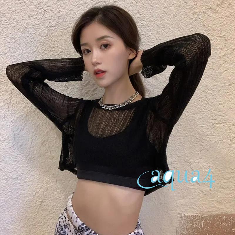 Áo Croptop Dệt Kim Tay Dài Cổ Tròn Màu Trơn Thời Trang Đi Biển Mùa Hè