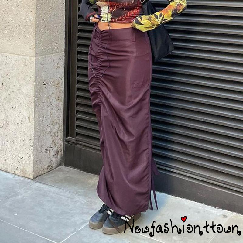 Chân Váy Maxi Lưng Thấp Màu Trơn Có Dây Rút Thời Trang Harajuku Y2k Cho Nữ