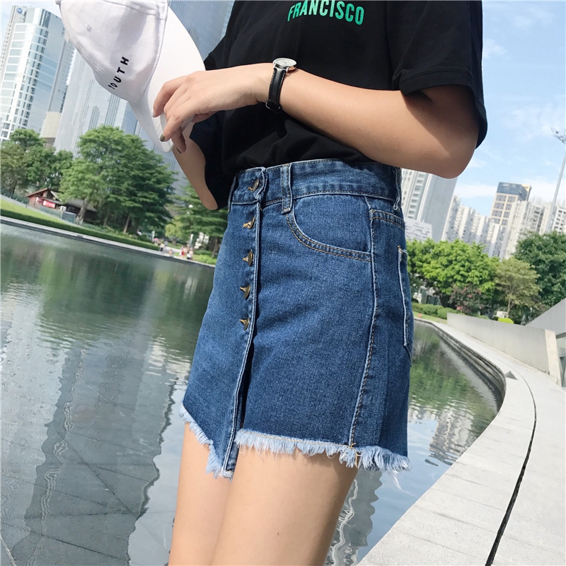 Quần short denim lưng cao phong cách Hàn Quốc cổ điển