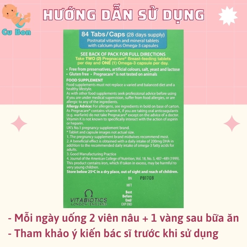 Vitamin tổng hợp Pregnacare Breast-Feeding (84v) giúp lợi sữa tăng cường đề kháng cho mẹ cho con bú sau sinh, UK