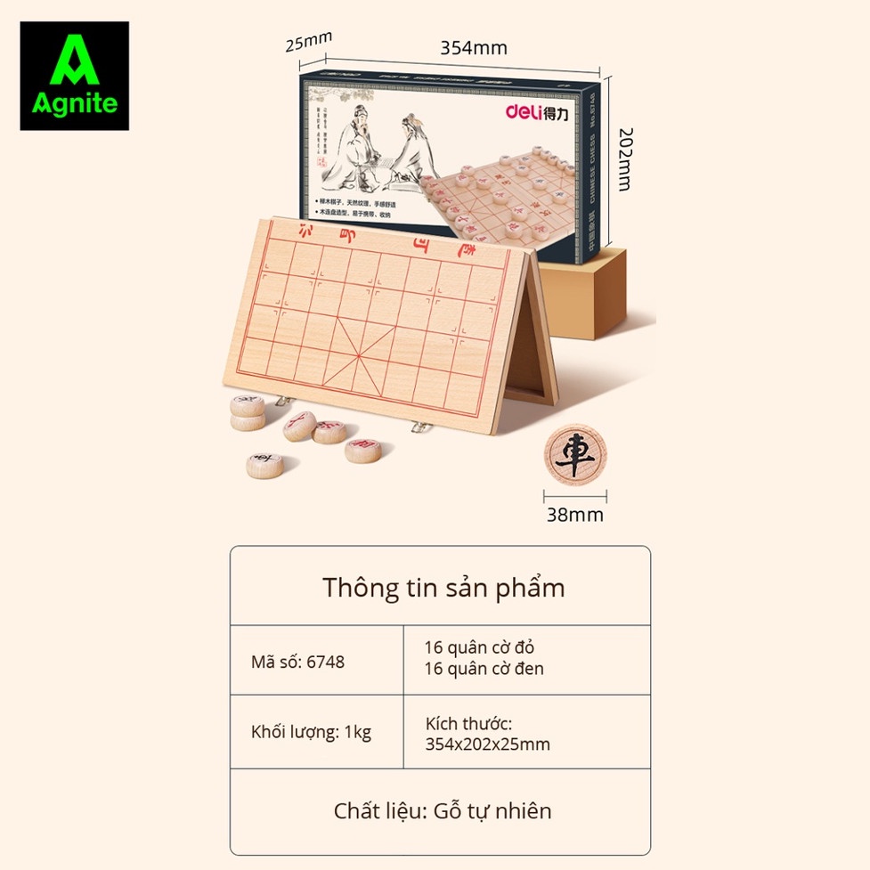 Bộ Cờ Tướng Gỗ Thông Cao Cấp Bàn Cờ 35 x 40 Cm - tiêu chuẩn quốc tế - Agnite Deli - 6748 - gấp gọn tiện lợi-vpp Diệp Lạc