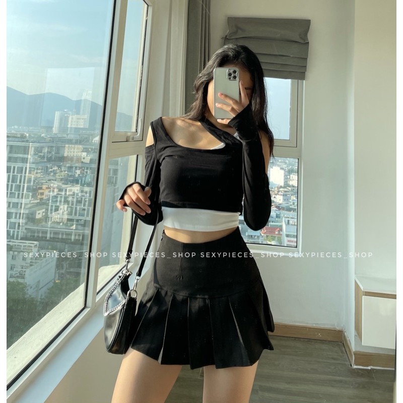 set croptop lệch cổ và chân váy xếp ly