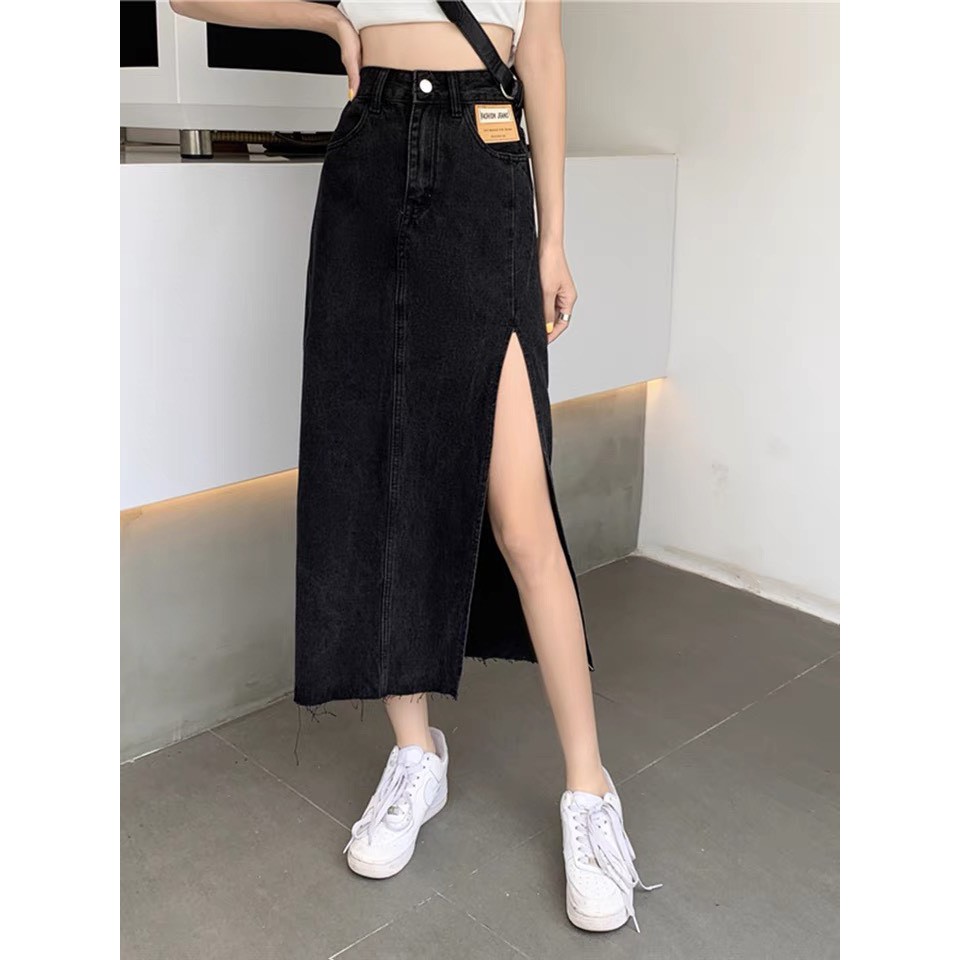 Chân Váy Bò Dài Xẻ Tà ,Váy Jeans Chữ A DENIM cạp cao