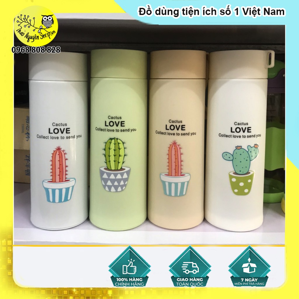 Bình nước in hình xương rồng 450ml lõi thủy tinh bọc vỏ nhựa lúa mạch có dây sách (GIAO MẪU NGẪU NHIÊN