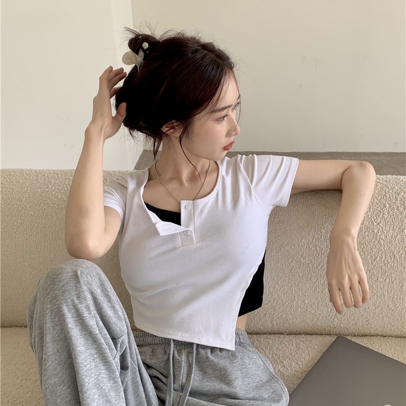 Áo thun IELGY ngắn tay thiết kế không đồng đều thời trang cho nữ