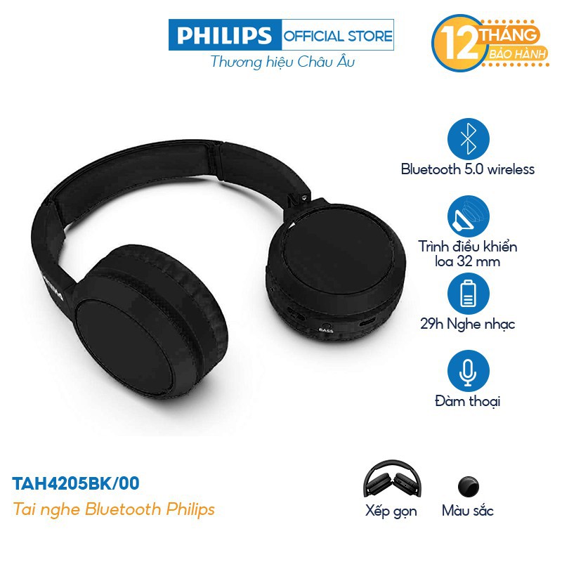 Tai nghe Philips Bluetooth TAH4205BK/00 - Màu đen - Hàng Chính Hãng