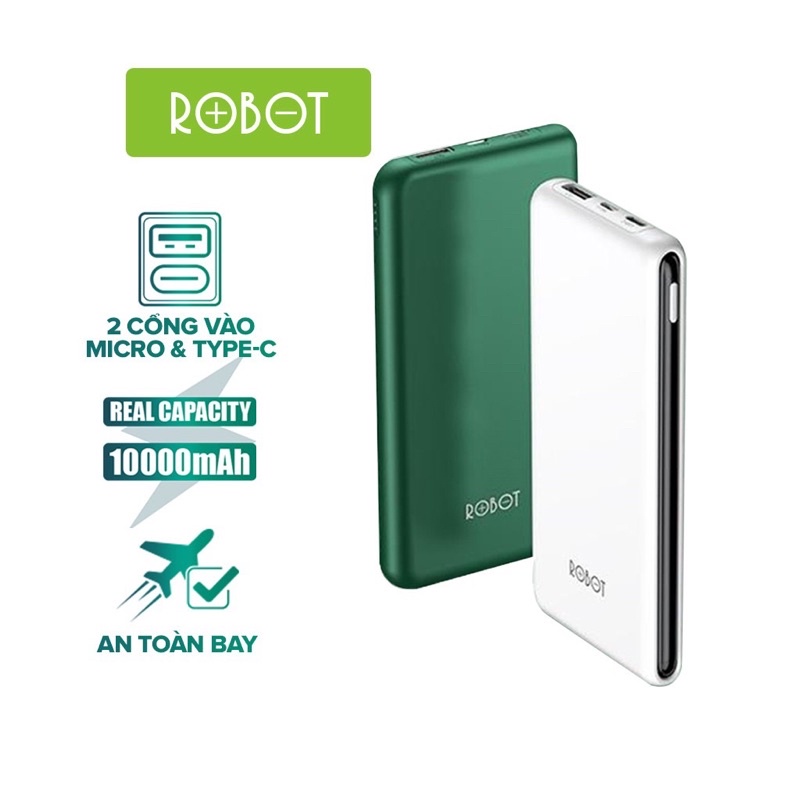 Pin Sạc Dự Phòng 10000mAh ROBOT RT180 | 1 Output USB &amp; 2 Input Micro USB/ TypeC