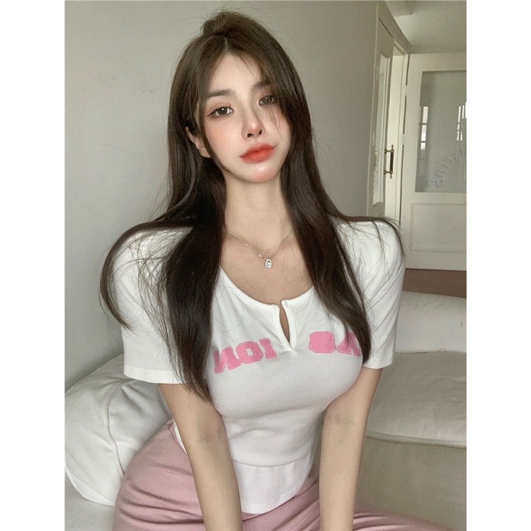 Áo Thun Cổ Chữ V In Chữ Plus Size Thời Trang Mùa Hè Hàn Quốc