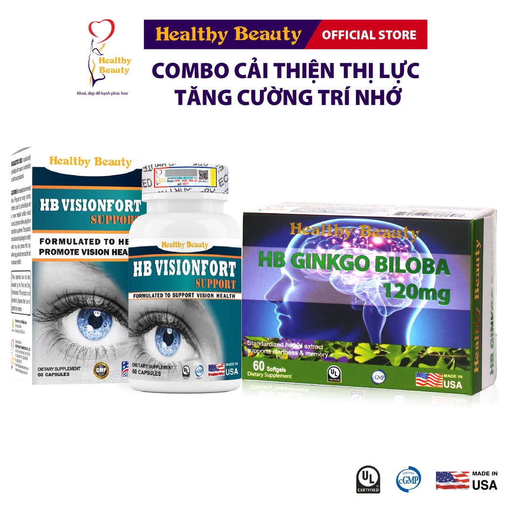 Combo HB Ginkgo Biloba 120Mg & HB Visionfort Support Healthy Beauty Giúp Tăng Cường Trí Nhớ Cải Thiện Thị Lực