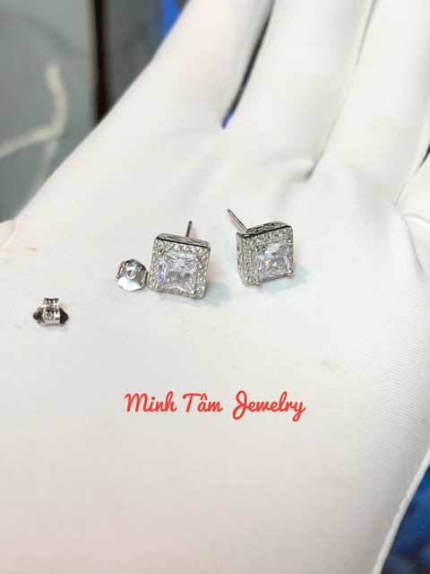 Bông tai bạc 925 nạm đá vuông xi kim cao cấp