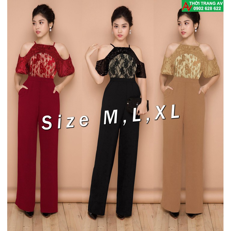 Jumpsuit - Đồ bay dài cổ yếm ống suông khoét vai phối ren đầy sang trọng - AV6197