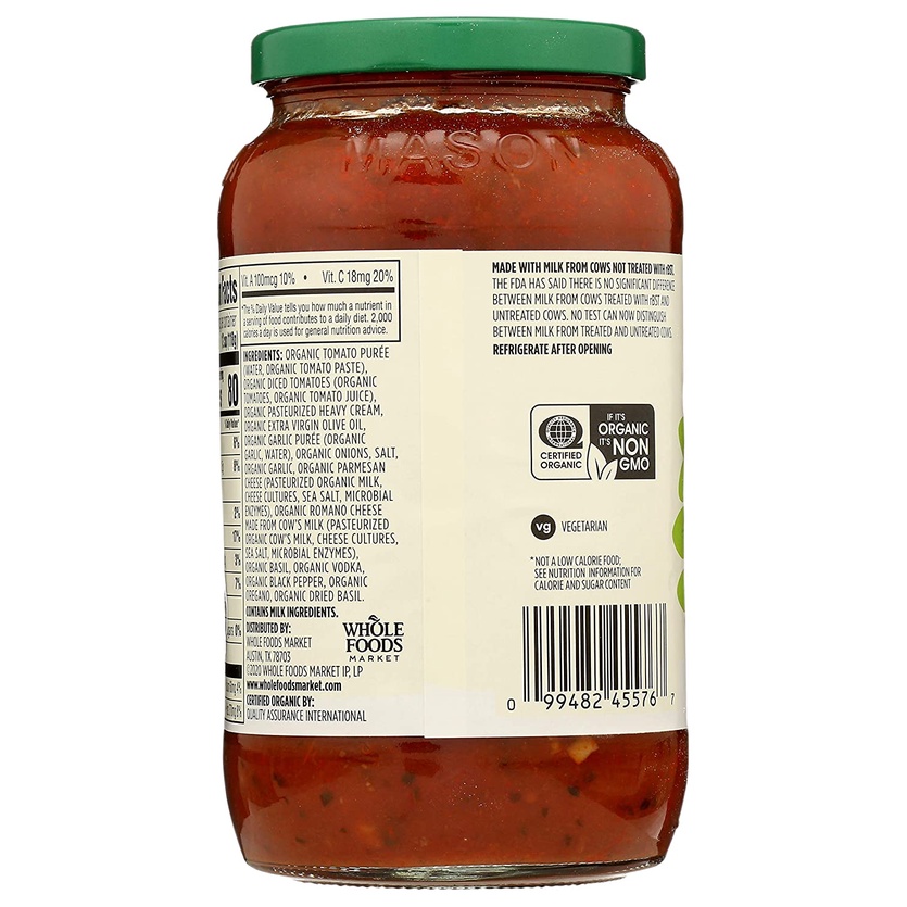 SỐT PASTA/MÌ Ý KEM VODKA HỮU CƠ 365 by Whole Foods Market, Sauce Pasta Creamy Vốt-ka, USDA Organic, 709g (25 oz)