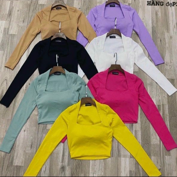 Áo cổ chữ U croptop tay dài có mút chất bozip